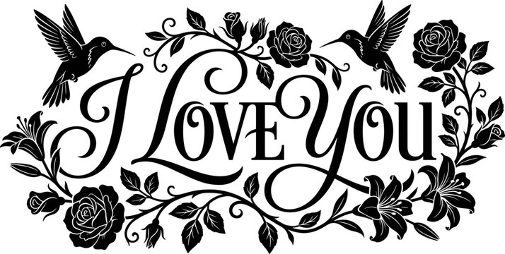 Romantic black and white floral illustration with roses hummingbirds and I Love You calligraphy for wedding cards and Valentine posters.
