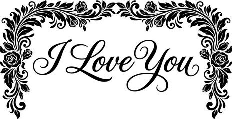 Black and white floral arch illustration, with I Love You calligraphy text, for romantic Valentine or elegant wedding greeting cards.  © Ahsan
