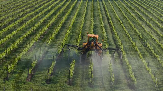 Aerial view of a tractor spraying rows of grapevines in a vineyard in Targon, Nouvelle-Aquitaine, France.