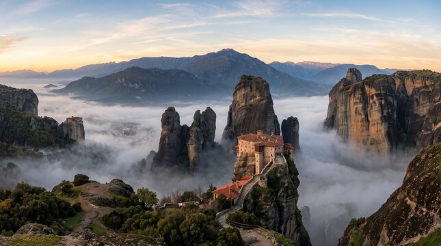 Breathtaking panoramic view of the Meteora monasteries perched atop towering rock pillars in Greece, surrounded by a thick morning mist under a soft sunrise sky.