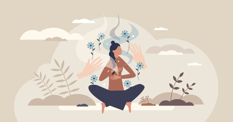 Naklejka na ściany i meble Somatic therapy healing shows a calm woman meditating as supportive hands and flowers symbolize body mind regulation and self soothing, key objects, woman, hands, flowers. Tiny style