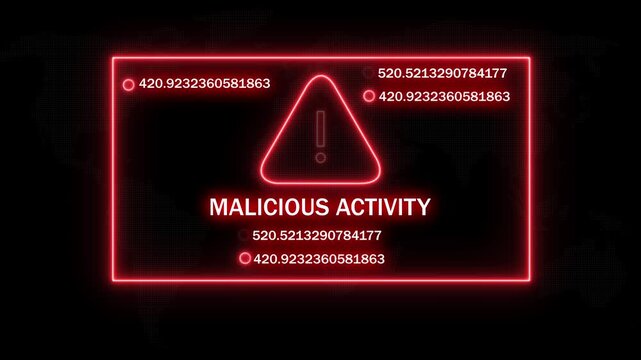 Cyber security alert interface featuring a glowing red warning triangle and malicious activity text overlay with rapidly changing digital data streams for advanced network protection and threat