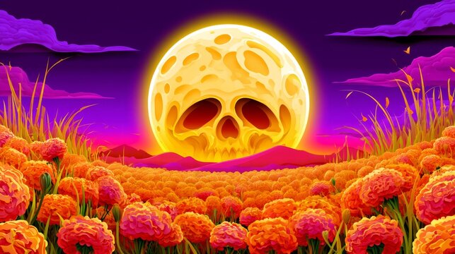 Luminous Lunar Calavera Rising Above Marigold Valley