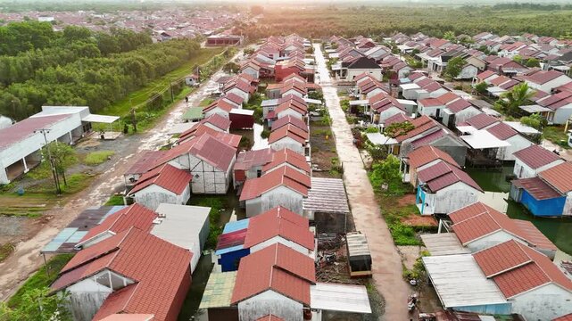 Aerial view of rows of houses with red roofs along a dirt road in a residential neighborhood in Barito Kuala Regency, South Kalimantan, Indonesia.