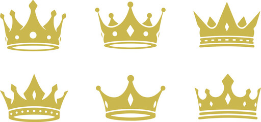 A collection of elegant golden royal crowns and tiara icons isolated on a clean white background. © Moahmmad