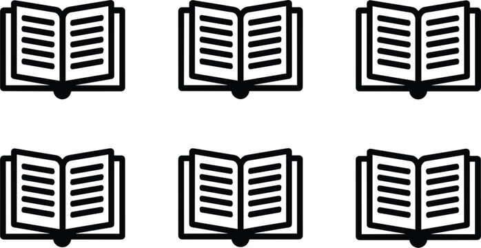 Open book icons set representing education literature and knowledge, simple black outline vector illustration web template elements