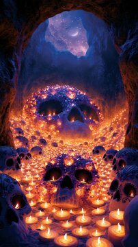 Candlelit Crystal Calaveras Inside a Mystical Cavern