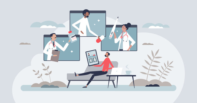 Remote healthcare telemedicine scene showing a patient at home connected to doctors via video, key objects, laptop, tablet, and virtual screens. Tiny style