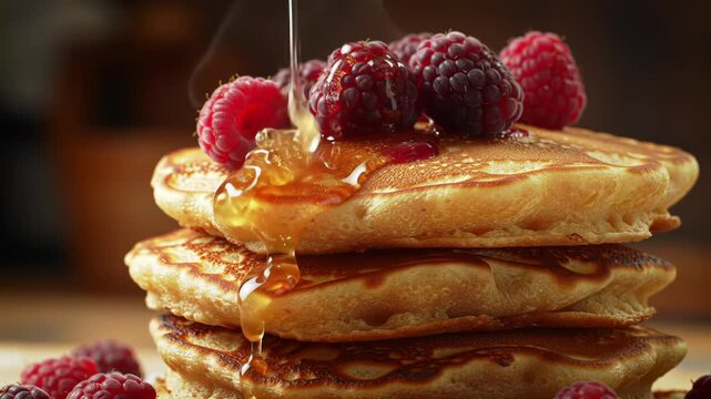 Macro close-up of three golden brown pancakes stacked with fresh raspberries and blackberries, featuring thick golden syrup or honey dripping down the side of the pile.