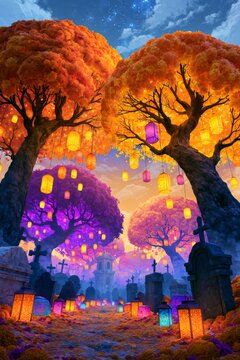 Glowing Lantern Cemetery Beneath Marigold Trees