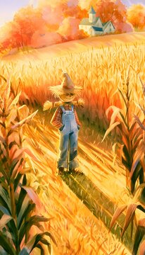 Autumn scarecrow illustration evokes rustic charm golden hour light warms a vibrant countryside scene
