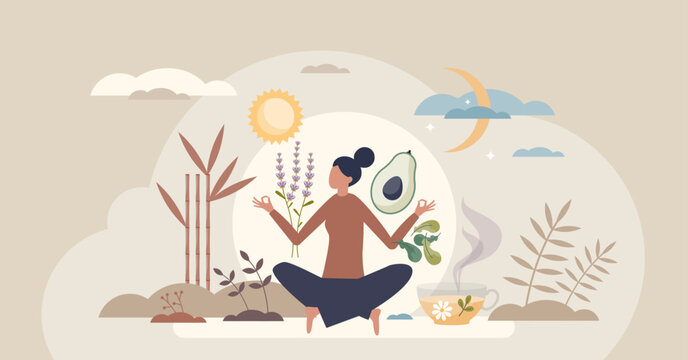 Lower cortisol calm, woman meditating with avocado, lavender and herbal tea beneath sun and moon, expressing stress relief and balanced living. Tiny style