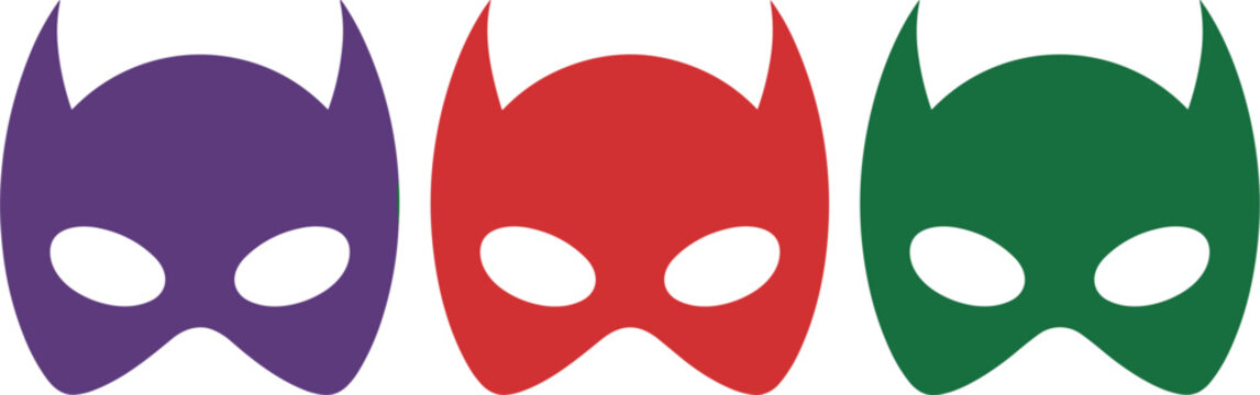 Superhero mask icons set, colorful purple red green cartoon hero face costumes isolated on white background