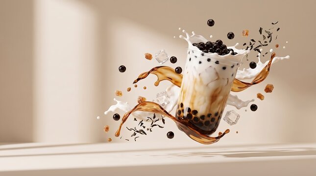 Refreshing milk tea with tapioca pearls splashing in a bright modern kitchen