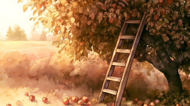 Autumnal Orchard Nostalgia Vintage Wooden Ladder Leans Against Apple Tree Warm Golden Light Stock Illustration