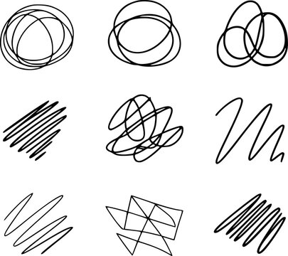 Una colecci&oacute;n de garabatos, bucles y l&iacute;neas abstractas de tinta negra dibujados a mano aislados sobre un fondo blanco liso