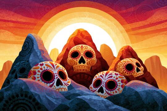 Decorative Calavera Mountains Beneath a Radiant Sunset