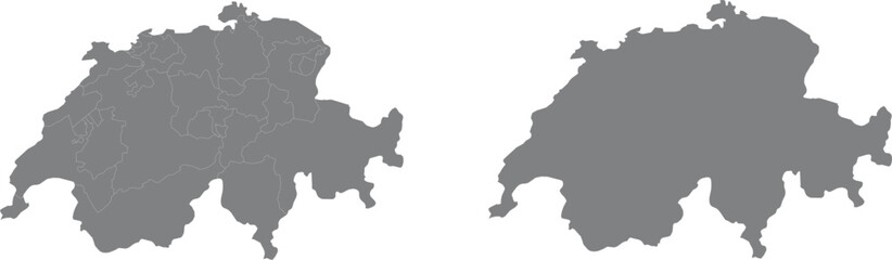 Fototapeta premium Grey map silhouettes of switzerland with and without cantonal borders illustration