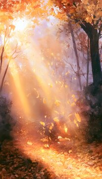 Autumn Forest Watercolor Illustration Peaceful Golden Leaves Sunbeams Warm Earthy Tones Stock Image