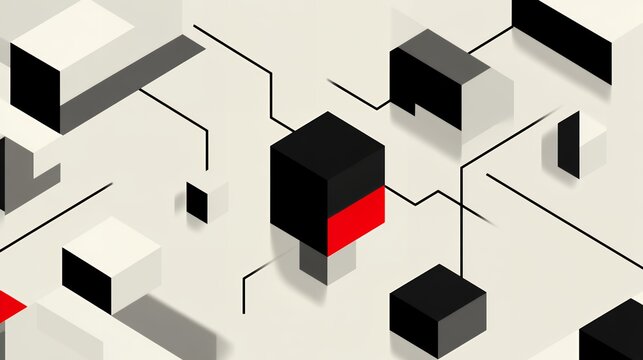 Abstract connection diagram with 3d black and white cubes and central red block network concept