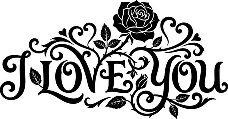 Romantic black and white floral illustration with rose and I Love You calligraphy for wedding cards Valentine and greeting posters.  © Ahsan