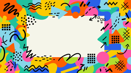 Fototapeta premium Colorful memphis style vector background featuring various geometric shapes and patterns