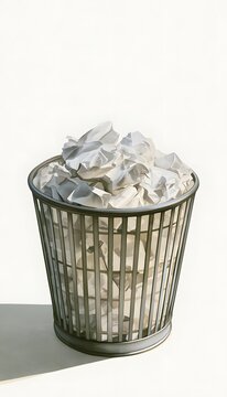 Overflowing wastebasket watercolor illustration evokes studio minimalism and soft morning light aesthetic concept