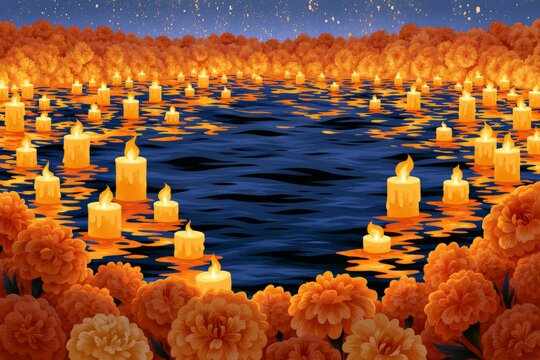 Floating Memorial Candles Across a Marigold Lagoon