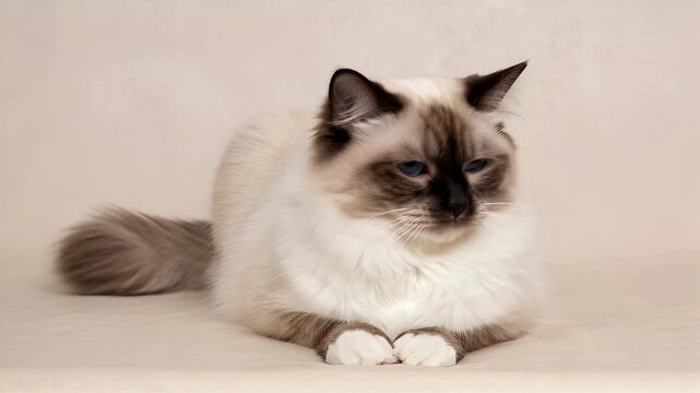 A fluffy Ragdoll cat with striking deep blue eyes and seal point markings lying gracefully on a smooth beige studio backdrop, facing directly towards the camera