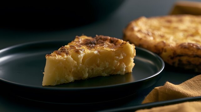 Warm golden potato pie sits elegantly on a plate showcasing rustic comfort food photography