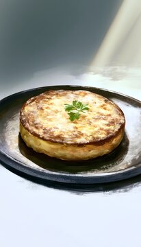 Warm watercolor potato tortilla a rustic culinary still life bathed in soft inviting window light