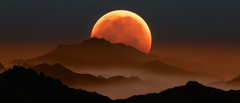 Giant Orange Moon Above Misty Dark Mountain Valley