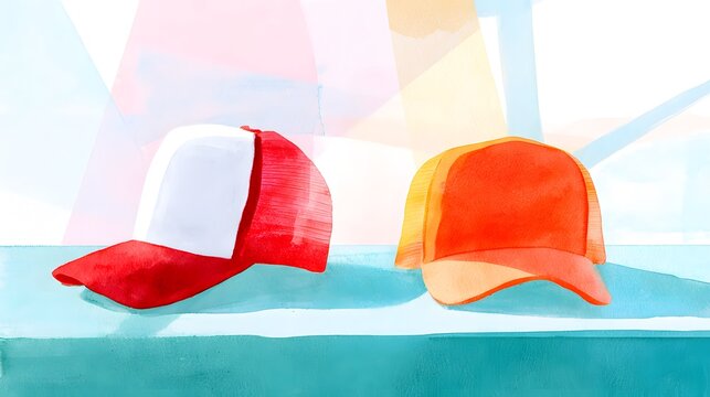Vibrant trucker hats watercolor illustration showcasing a modern creative design concept on turquoise