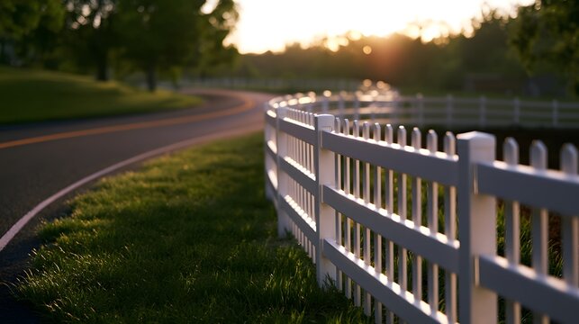 Golden sunrise illuminates a peaceful country road lined with green grass and a charming white picket fence