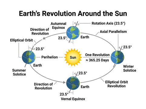 Earth revolving around the sun with axial tilt illustration isolated on white background