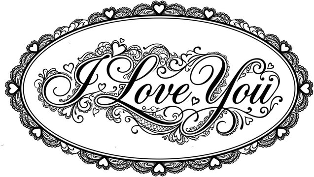 Ornate black and white oval decorative frame with I Love You calligraphy text featuring elegant hearts and scrolls for Valentine.
