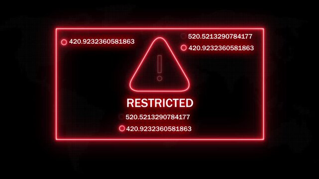 Digital cyber security warning interface featuring a glowing red restricted access notification with dynamic data streams and warning triangle symbol for high-tech surveillance and network