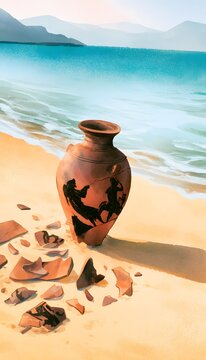 Ancient Mythology Meets Serene Shores A Timeless Watercolor Illustration of History and Discovery