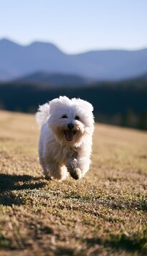Joyful coton de tulear dog runs free across a sunlit meadow capturing playful energy and boundless happiness