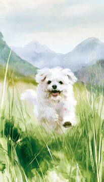 Joyful white dog runs through green meadow golden hour light evokes peaceful summer beauty