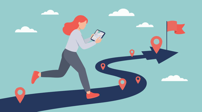 Woman navigating a path with a map, aiming for a red flag goal