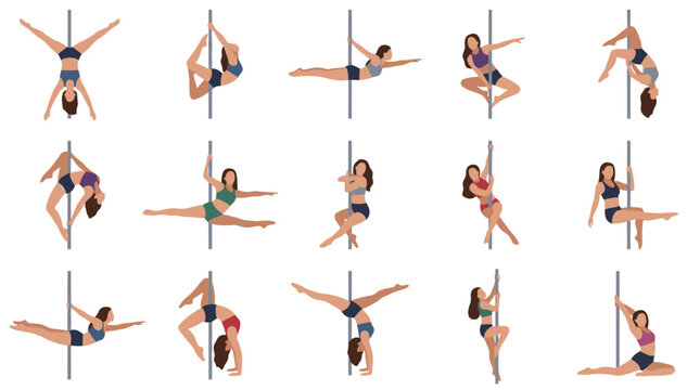 pole dance vector icon set of flexible female athlete performing inverted tricks splits acrobatic poses for fitness workout gymnastics sport training graphic collection design