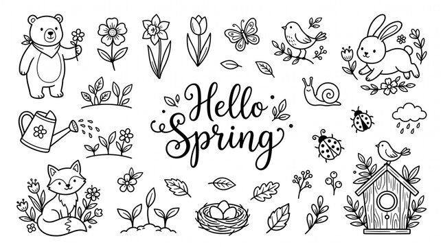 Hello Spring line art doodle icons with cute animals.