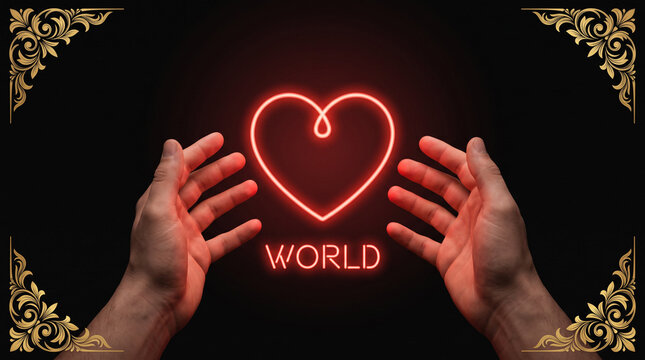 Hands reaching toward neon glowing red heart with gold corner ornaments.