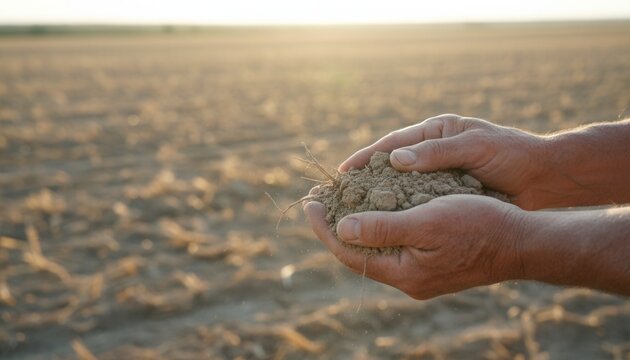 Weathered farmer hands cradling a handful of dry parched soil in a large agricultural field representing climate driven drought