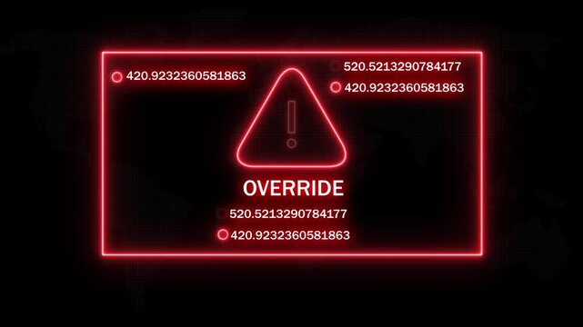 Digital cyber security alert interface featuring a glowing red neon warning triangle with system override text and rapidly changing data stream numerical values for futuristic technology backgrounds