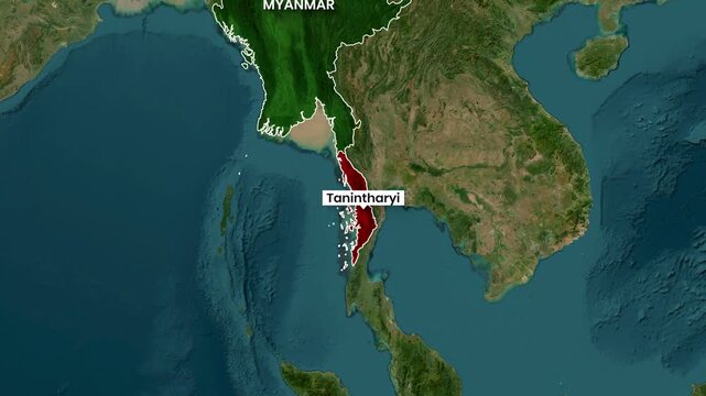 Tanintharyi Region Highlighted on Myanmar Country Map Animation