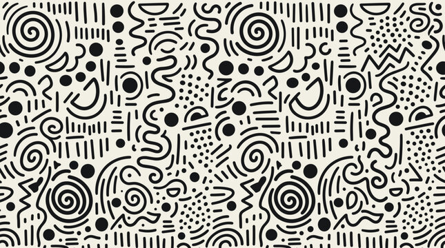 Abstract memphis pattern with hand drawn doodle elements like spirals dots and squiggles