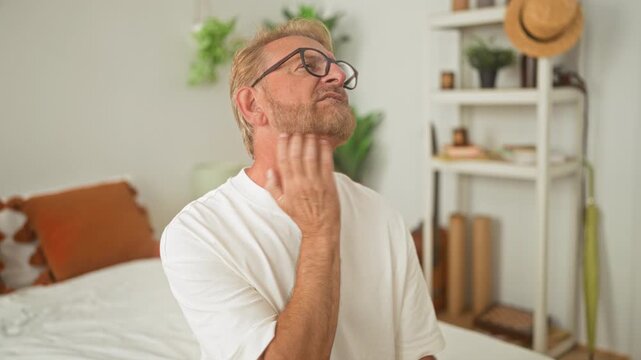 Man wearing glasses touching neck and wincing while seated on bed in building, hand to neck and brow furrowed; discomfort fatigue.