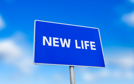 New life blue road sign post against bright sunny blue sky
